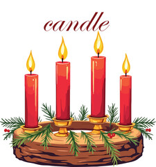 Red candle set on wooden base with pine branches, berries, golden holders, and “candle” text in cursive