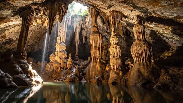 Abstract close up of mineral deposits and unique rock textures on a cave wall, highlighting the vibrant earthy colors and geological stratification in high detail.