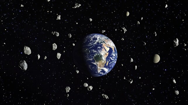 Earth surrounded by asteroids in a captivating view of space during a clear night
