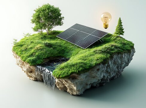Floating island with solar panel waterfall and light bulb Keywords: island, floating, solar panel