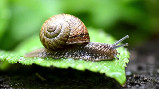 Underwater perspective of a freshwater snail gracefully grazing on submerged aquatic plants, showcasing its unique shell patterns and fluid movement in clear water.