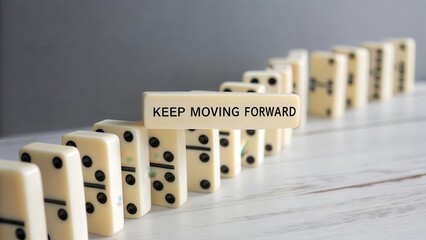 Close up of dominoes lined up with keep moving forward on top