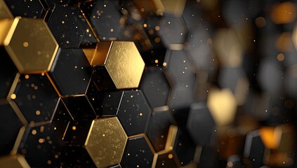 Abstract close-up of hexagonal tiles in black and gold with blurred bokeh effects