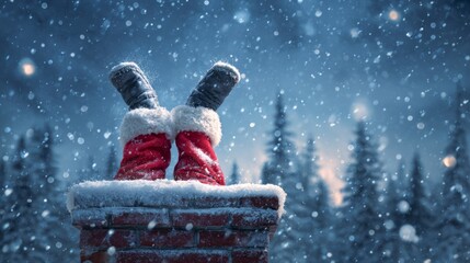 Merry Christmas xmas holiday celebration background, funny greeting card - Santa Claus with his head stuck in the chimney, blue sky with snow snowflakes