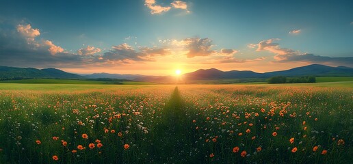 Golden Sunset Over Flower Field and Rolling Hills Landscape sunrise flowers