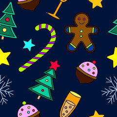 Seamless pattern, New Year, vector, Christmas, festive, snowman, candy cane, champagne, snowflake, stollen, strudel, cupcake, cake, biscuit, caramel, chocolate, wine, liqueur, star, Christmas tree, gl