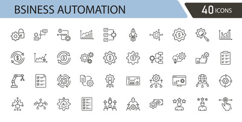 Business automation related icons set including workflow, AI, process optimization, robotics, software tools, system integration, and automatic operations. Outline icons.