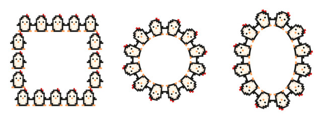 Obraz premium Empty Pixel vector Frame isolated white. Set of cute vector Pixel art penguin Empty Frame template design. Perfect for social media reels stories decor and child photo decoration. EPS 10