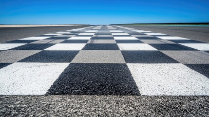 Fototapeta premium A closeup perspective of a checkered finish line on an asphalt runway under a clear blue sky