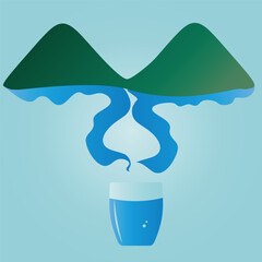 Water Conservation and Clean Water Source. The Mountains as the source of water, flowing into a drinking glass. Concept of  ecology, sustainability, and protecting natural resources. 
