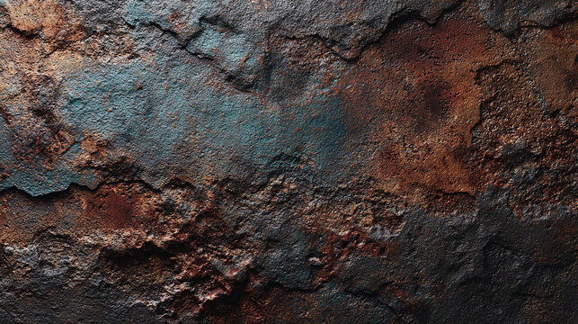A close-up view of an aged, rusty metal surface, showcasing the textures and patterns of oxidation. The varying shades of brown, red, and hints of blue give it an artistic touch