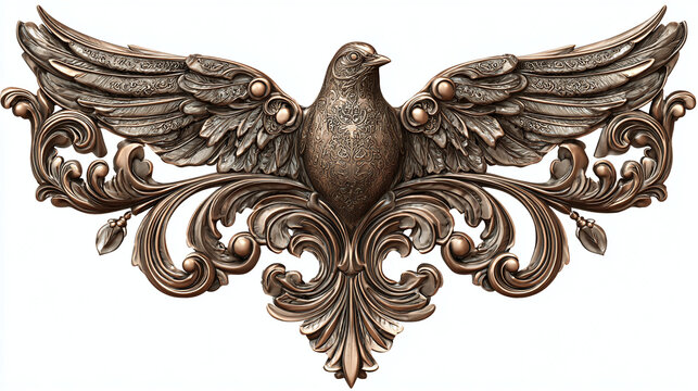 An ornamental bronze sculpture of a dove with outstretched wings. The dove is surrounded by intricate scrollwork