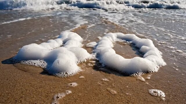 Sea foam number 40 on sandy beach with breaking wave