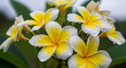 Close-up of Plumeria Flowers with Raindrops, Vibrant Yellow and White Petals.