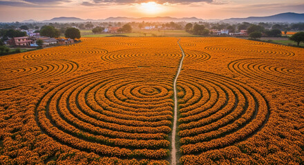 Vibrant Marigold Mandala: An Aerial View of a Flower Farm at Golden Hour.