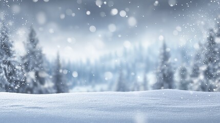 Snowy winter landscape background with soft bokeh, a serene and elegant snowy scene designed as a versatile template for product presentations and seasonal showcases.