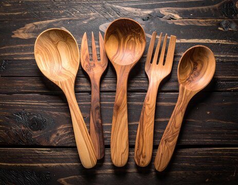 Wooden Spoons Forks on Dark Wood Table