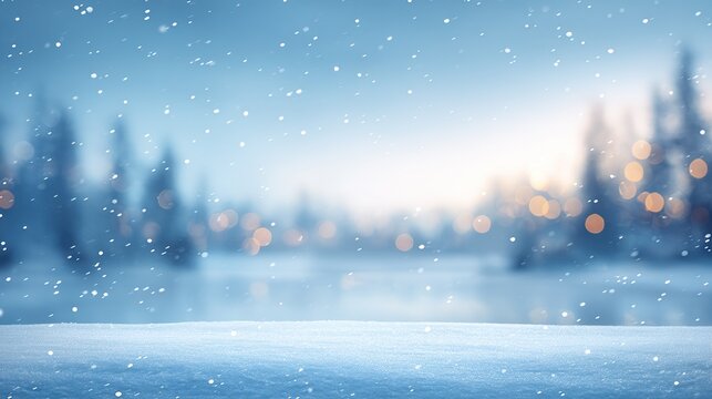 Snowy winter landscape background with soft bokeh, a serene and elegant snowy scene designed as a versatile template for product presentations and seasonal showcases.