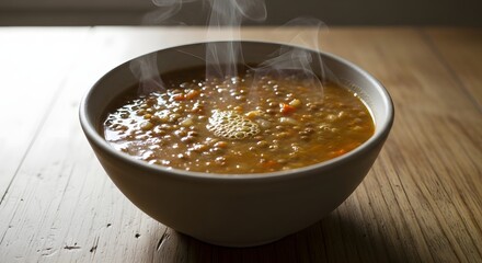 Steaming bowl of hearty lentil soup with visible grains and spices on a rustic wooden table