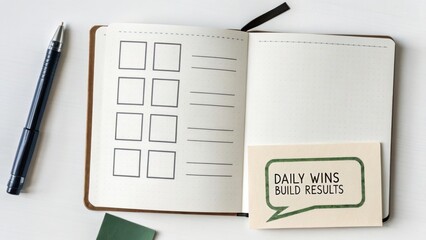 Open planner with checklist and Daily Wins reminder