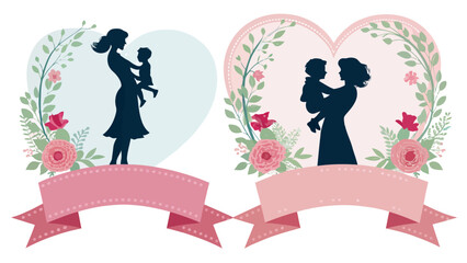 Loving Mother's Day floral design element with silhouettes of mother and child holding each other