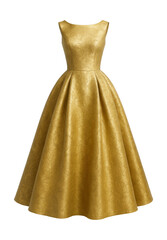 Elegant gold brocade evening dress with a fitted bodice and voluminous skirt.