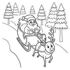 Naklejka premium Santa claus riding his sleigh pulled by a reindeer through a snowy forest scene. isolated on white background, Vector, illustration