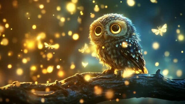 Charming owl perched on branch surrounded by glowing bokeh particles