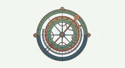 Elegant Illustration of a Vintage Astrolabe with Intricate Celestial Dials