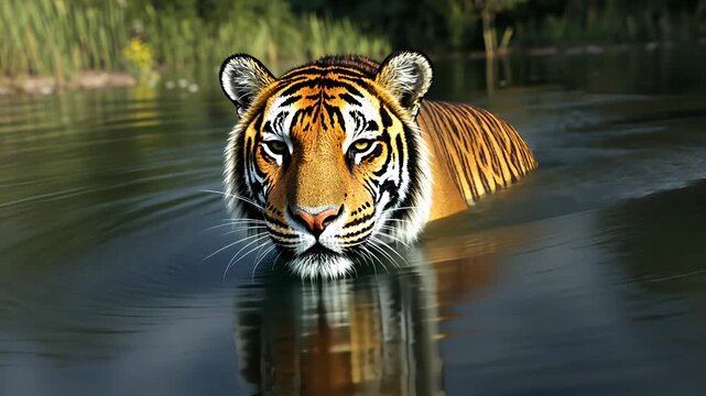 majestic tiger swims silently through calm river. natural grace in motion, true wild predator. wild tiger moves through shallow river water, creating gentle ripples around its focused face.