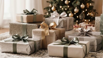 Beautifully Wrapped Christmas Gifts Under a Decorated Tree.