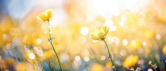Close-up of two delicate yellow buttercup flowers with water droplets on their stems, bathed in warm, golden sunlight with a soft bokeh background. Outdoors, da