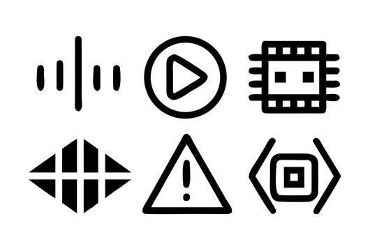 Set of six black solid icons for audio, media, warning, and code