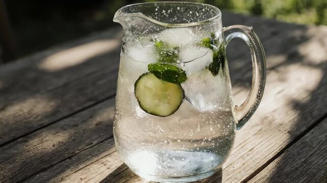 Glass pitcher filled with cucumber, ice, and water on a wooden surface