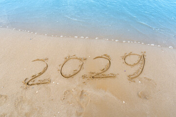 2029 numbers written on sandy beach. Sea wave coast background.