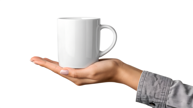 Blank white ceramic mug for branding and design mockup, ideal for showcasing artwork, typography, logo concepts, print-on-demand products, and marketing materials
