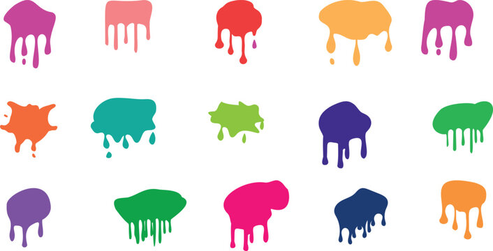 Color paint splashes. Ink splatter spot, abstract colorful blob, blot shapes. Liquid smudge with drops, spray stain. Smudge flat patch, brush splotch. Vector inkblot set