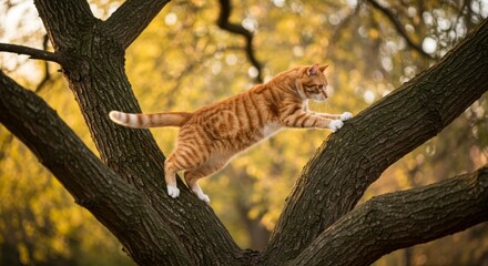 Obraz premium Orange tabby cat climbing on a thick tree branch. Pet animal natural habitat exploration outdoor concept.