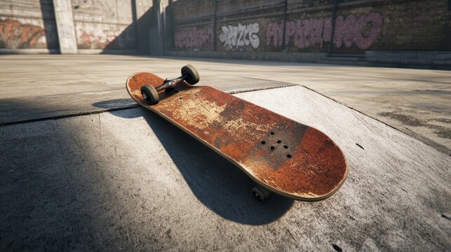 A rusty, weathered skateboard rests on a concrete surface, showing signs of decay and urban exploration