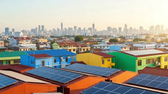 Rooftop solar panels in bangkok, thailand, with a cityscape in the background during daytime