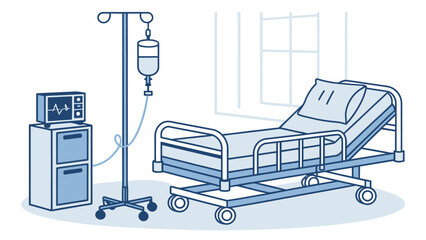 Medical treatment room featuring hospital bed, IV drip and monitor for healthcare promotions