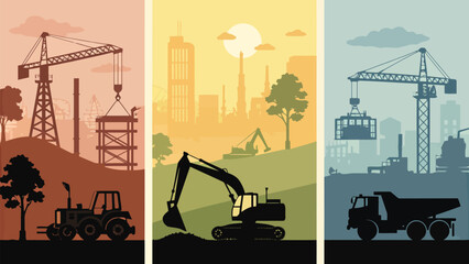 Dynamic industrial scene showcasing construction equipment in silhouette with city skyline views