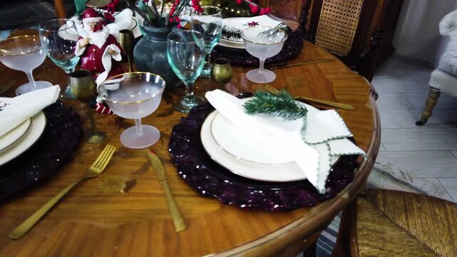 Chritmas dinner, vintage table decotated with christmas details, festive house interior