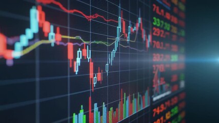 Complex stock market graph cinematic push-in, showing candlestick charts and live trading data. Finance, investment, and global economy. - Powered by Adobe