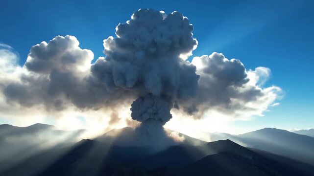 Time lapse sequence illustrating the gradual formation and expansion of a volcanic ash cloud over several hours, transitioning from a clear sky to an ominous, ash laden atmosphere, viewed from a safe