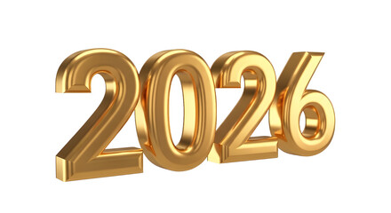 Shiny golden three-dimensional number 2026, isolated on a white background, representing future and new year
