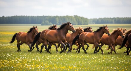 Magnificent herd of brown horses galloping freely across a vibrant green meadow.