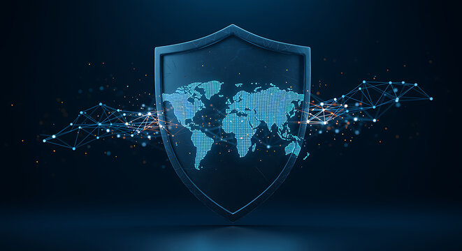 Digital shield protecting glowing blue world map with abstract network data flow in dark futuristic background representing global cybersecurity data protection and internet security concept