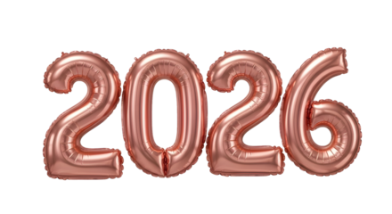 Rose gold shiny 2026 foil balloon numbers isolated, perfect for new year celebration event design
