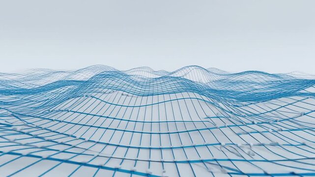 Abstract visualization of clean digital information flowing across a wireframe surface. Global data, network, and technology concept loop.